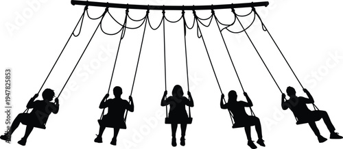 children swinging on playground swing set silhouette, kids playing park activity childhood fun outdoor recreation vector illustration design