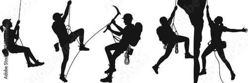 Rock climber silhouettes collection, mountaineering and rope climbing adventure sport figures isolated vector illustration set for outdoor activity