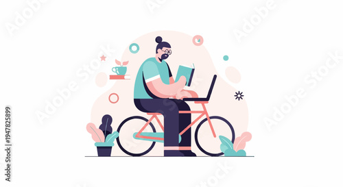 Person reads book on laptop while riding bicycle, with plants and decor