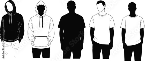 Men silhouette set wearing hoodie and t-shirt, casual fashion style collection, anonymous male figures clothing mockup illustration