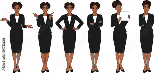 business woman character set with different gestures presenting pointing thinking and holding blank sign professional office vector illustration