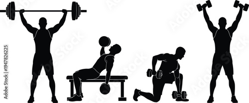 Set of fitness workout silhouettes showing barbell press, dumbbell bench press, lunges and shoulder press exercises for strength training and bodybuilding.