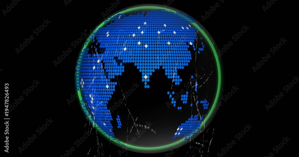 Obraz premium Rotating digital globe showing blue dot continents with white markers and green halo on black void