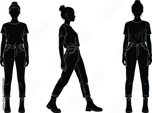 woman silhouette in casual outfit showing front back and side walking view, female fashion figure template vector illustration