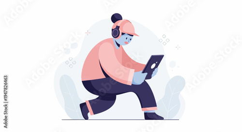 Person with headphones and tablet, cartoon style, light background, abstract elements