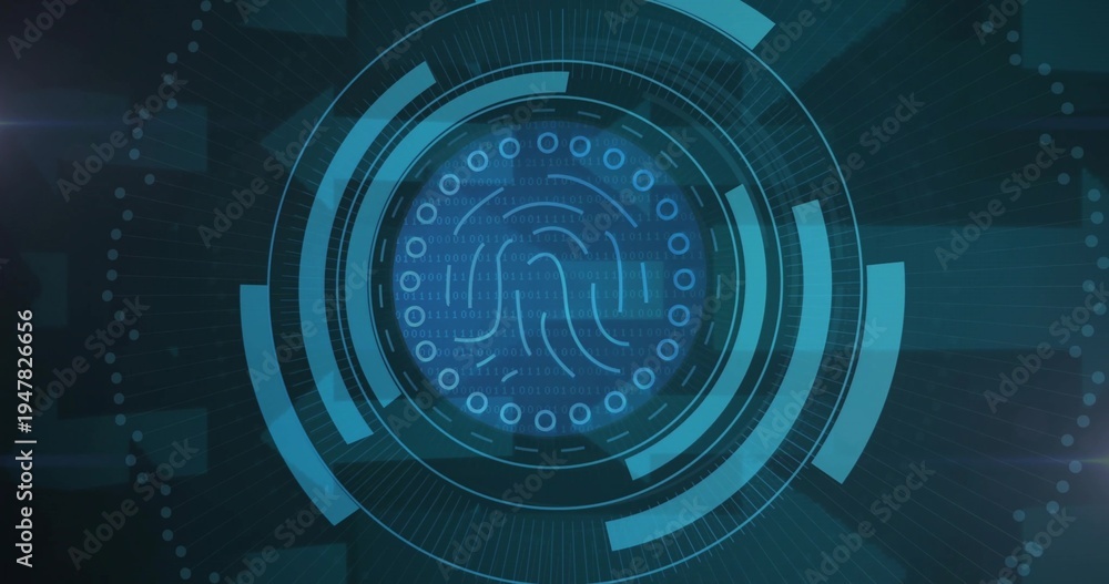 Obraz premium Glowing central biometric fingerprint icon scanning dark teal HUD, showing concentric rings