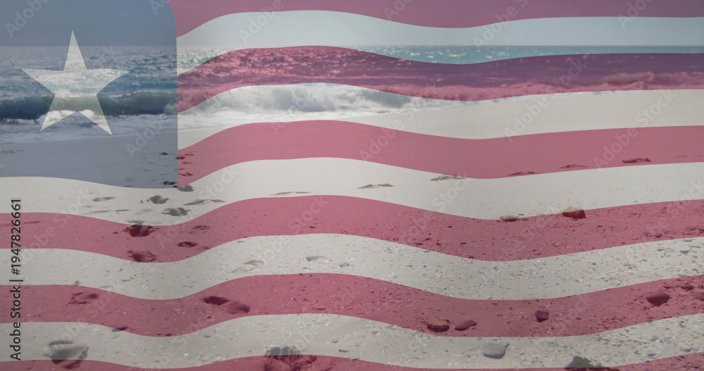 Obraz premium Overlaying translucent American flag blending with sandy shore revealing footprints and foamy surf