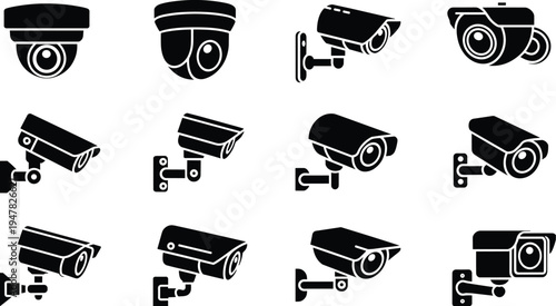 Security camera silhouettes collection, CCTV surveillance cameras icons set for monitoring protection system, isolated black vector illustration pack