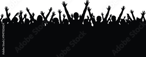 cheering crowd silhouette with raised hands celebrating at concert or festival, excited audience people party celebration vector illustration