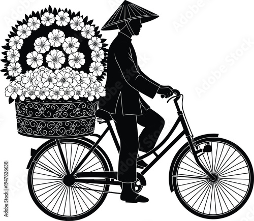 Silhouette of traditional flower seller riding bicycle with basket full of flowers wearing Asian conical hat, street vendor lifestyle illustration.