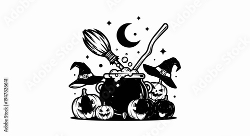 Spooky Halloween scene with witch's cauldron, hats, pumpkins, broom, and moon