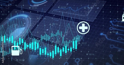 Displaying cyan or teal candlestick chart with fluctuating line and fuel, medical icons on dashboard