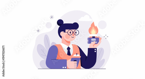 Person with glasses holds a small burner with flame and cup