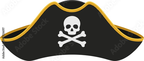 Flat Vector Illustration of Black Pirate Captain Tricorn Hat with Gold Trim and Skull Crossbones – Jolly Roger Halloween Costume Concept