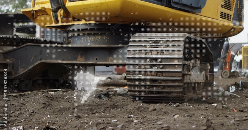 Fototapeta premium Operator engaging controls, moving excavator, exposing worn track assembly for construction service