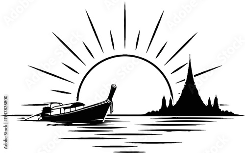 Silhouette of a longtail boat on water with a sunburst and island temple