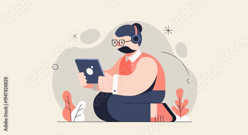 Person with headphones and tablet, sitting on floor with plants