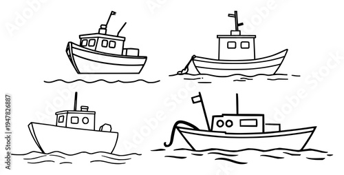 Cleanup vessel set with clean line geometric design featuring plastic cleanup, ocean conservation, floating symbol, vector icon with white background