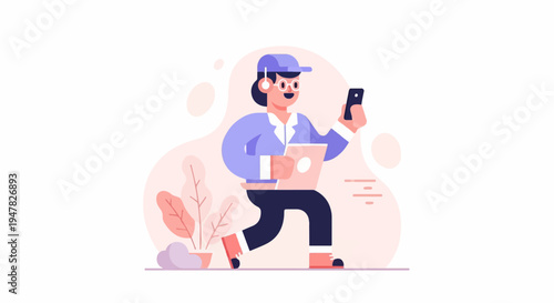 Person with laptop and phone walking with plants