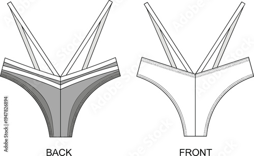women bikini underwear technical drawing showing front and back view, fashion design template for lingerie garment flat vector illustration