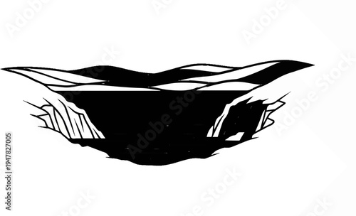 Stylized black and white outline of a dramatic cliff face overlooking a dark body of water