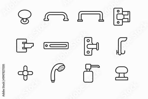 Kitchen Hardware Icons. Kitchen hardware details. Line outline icon set of kitchen hardware details: knob,