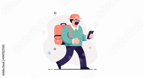 Person with backpack and phone walking