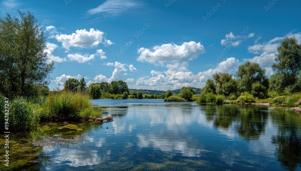 Obraz premium Serene River Landscape with Lush Greenery and Blue Sky.