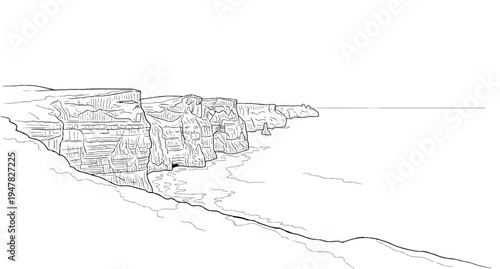 Stark black and white sketch of towering cliffs meeting a vast, calm ocean