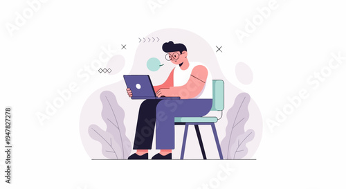 Person with glasses on laptop, sitting on chair with plants