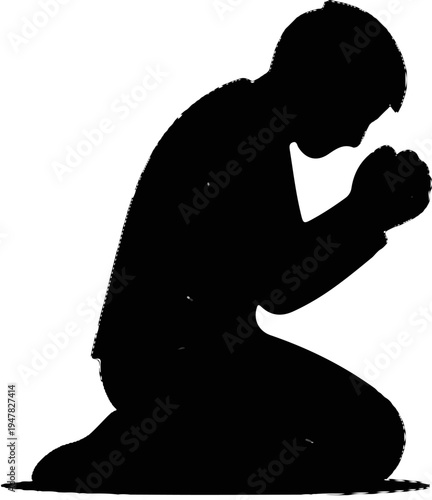 Silhouette of a person kneeling and praying with hands clasped
