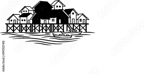 Stilt houses and boats in black and white sketch