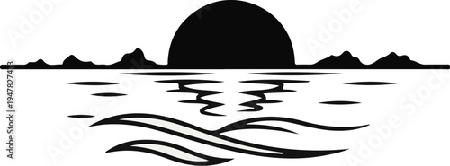 Stylized black and white sunset over rippling water and waves