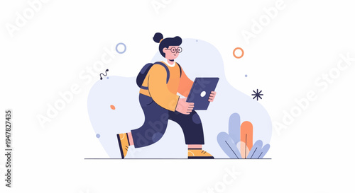 Person with backpack and tablet walks by abstract shapes and plants
