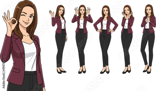 professional businesswoman character set showing positive gestures and poses, confident female office worker cartoon vector illustration