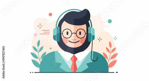 Person with headphones and tie on plain background with plants