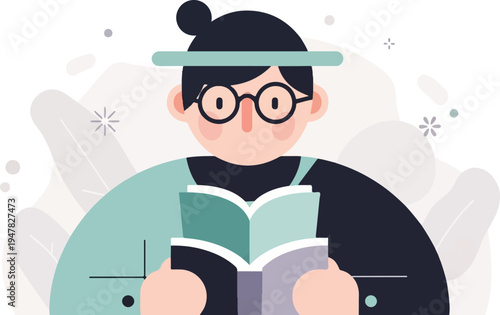 Person with glasses reading an open book amidst abstract shapes