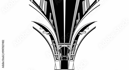 Perspective view looking up at a massive concrete bridge structure with repeating arches