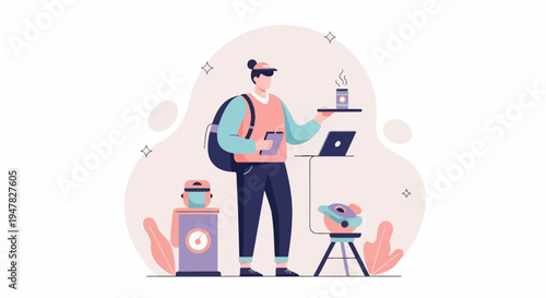 Person with backpack, laptop, and coffee, a robot, and plant elements