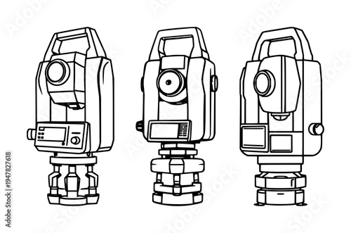 Surveyor's total station icon set with geometric shapes and consistent stroke width featuring engineering, geodesy, cartography with measurement and construction