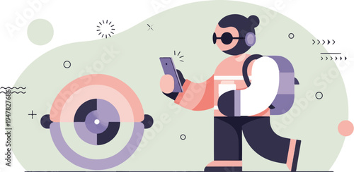 Person with backpack looking at phone with abstract circular graphic nearby