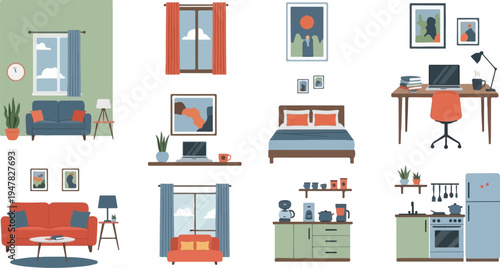 Pixel art scenes of cozy home interiors and workstations