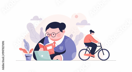Person with glasses reads book on laptop, while another person cycles