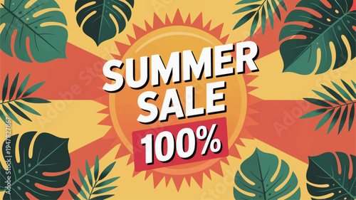 Vibrant summer sale banner with tropical leaves and sun on yellow background perfect for advertising and promotions
