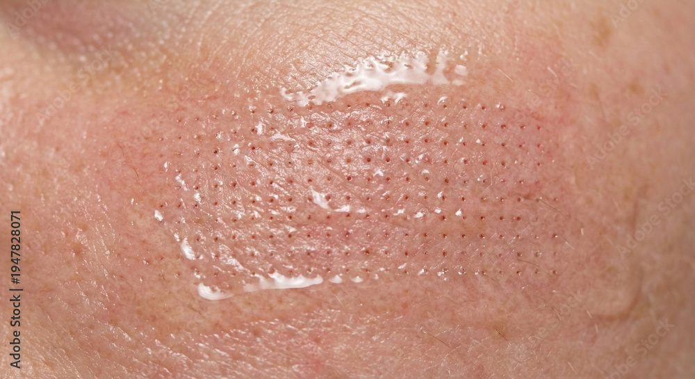 Fototapeta premium Macro view of skin surface with micro-punctures and redness following professional microneedling or fractional laser treatment for collagen induction.