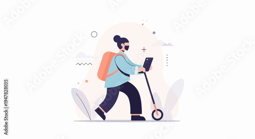 Person with backpack rides an electric scooter while looking at a mobile device