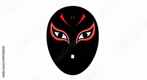 Striking black mask with bold red accents and piercing eyes