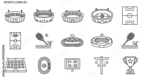 Sports Zone Icons - Stadiums, Fields, Pools, and Trophies in Outline Style.