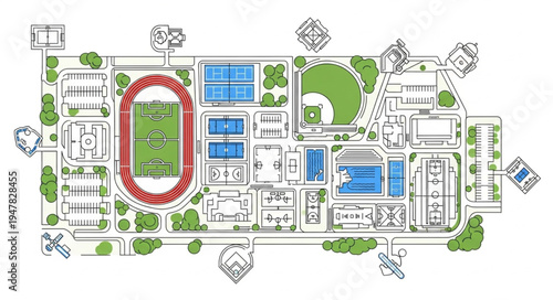 Detailed aerial view of a comprehensive sports complex layout.