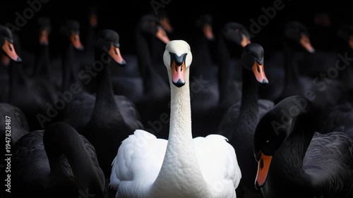 A single white swan stands out from a group of black swans